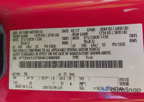 2017 Ford F-150 Xl из США, поврежденный, VIN 1FTEW1CF5HKC88995